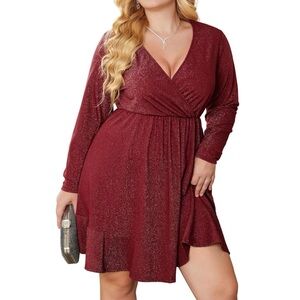 Zeagoo Glitter Long Sleeve Ruffle Hem Dress Red